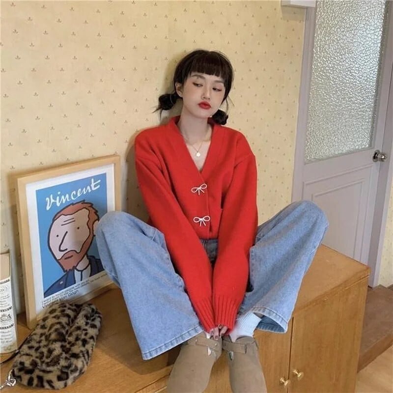 Sieviešu jaciņa ar V-veida kakla izgriezumu, brīvs bantītis, pavasarīgs ikdienišķs, vienrindas vienrindas masīvs ielu apģērbs retro stila sievietēm, Kawaii retro elastība BF