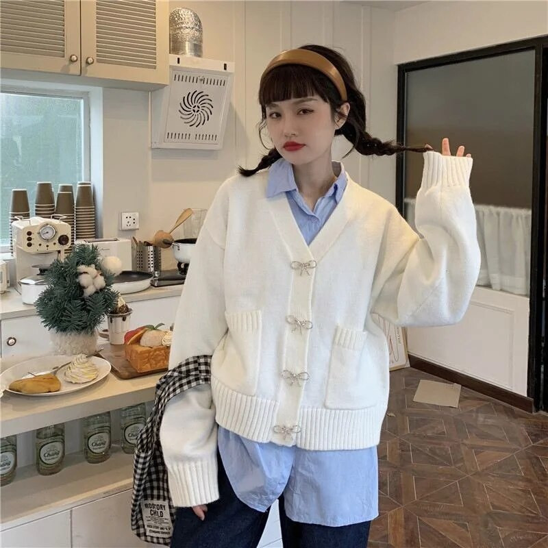 Sieviešu jaciņa ar V-veida kakla izgriezumu, brīvs bantītis, pavasarīgs ikdienišķs, vienrindas vienrindas masīvs ielu apģērbs retro stila sievietēm, Kawaii retro elastība BF