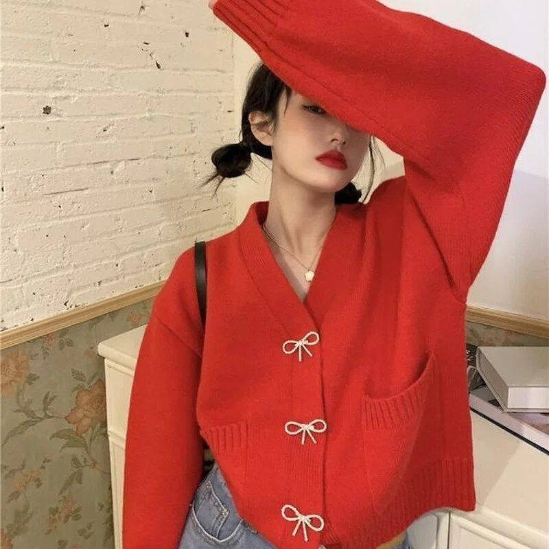 Sieviešu jaciņa ar V-veida kakla izgriezumu, brīvs bantītis, pavasarīgs ikdienišķs, vienrindas vienrindas masīvs ielu apģērbs retro stila sievietēm, Kawaii retro elastība BF