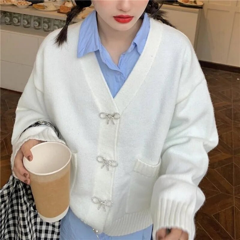 Sieviešu jaciņa ar V-veida kakla izgriezumu, brīvs bantītis, pavasarīgs ikdienišķs, vienrindas vienrindas masīvs ielu apģērbs retro stila sievietēm, Kawaii retro elastība BF