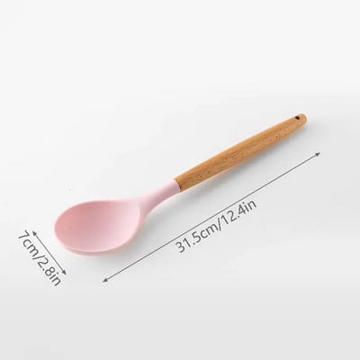 Silikona virtuves piederumu komplekts Nepiedegošs virtuves piederumu komplekts Lāpstiņa Lāpsta zupas karote Koka rokturis Ēdienu gatavošanas rīku komplekts Piederumi