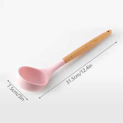 Silikona virtuves piederumu komplekts Nepiedegošs virtuves piederumu komplekts Lāpstiņa Lāpsta zupas karote Koka rokturis Ēdienu gatavošanas rīku komplekts Piederumi