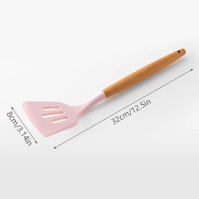 Silikona virtuves piederumu komplekts Nepiedegošs virtuves piederumu komplekts Lāpstiņa Lāpsta zupas karote Koka rokturis Ēdienu gatavošanas rīku komplekts Piederumi