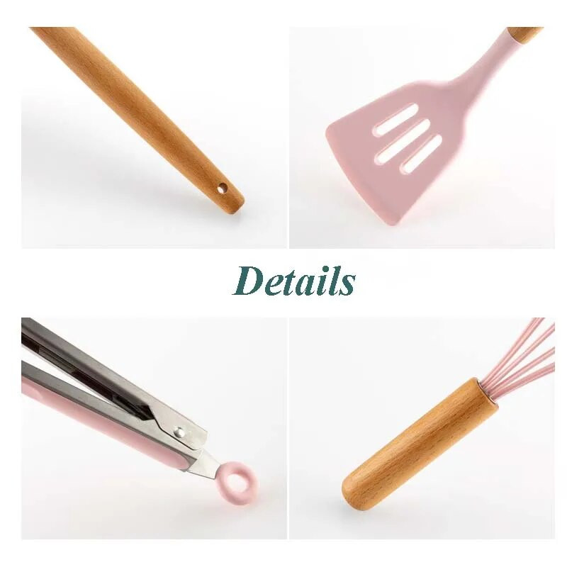 Silikona virtuves piederumu komplekts Nepiedegošs virtuves piederumu komplekts Lāpstiņa Lāpsta zupas karote Koka rokturis Ēdienu gatavošanas rīku komplekts Piederumi