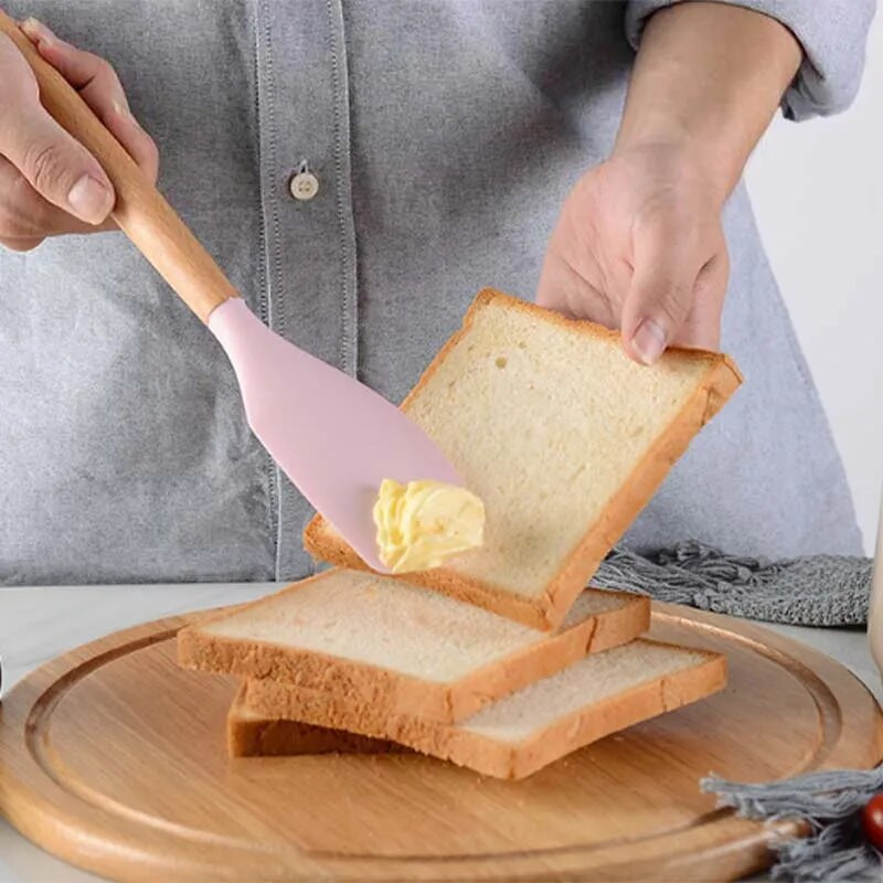 Silikona virtuves piederumu komplekts Nepiedegošs virtuves piederumu komplekts Lāpstiņa Lāpsta zupas karote Koka rokturis Ēdienu gatavošanas rīku komplekts Piederumi