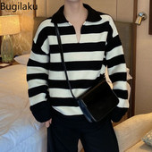 Bugilaku Jesensko-zimski nišani korejski personalizirani prugasti pulover s V-izrezom za ležerne, lijene, trendi i cool muškarce