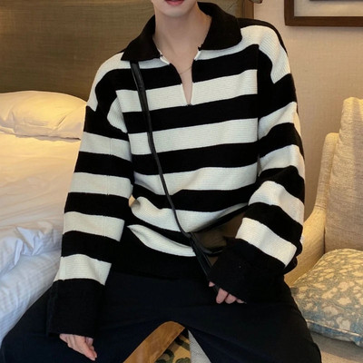 Bugilaku Jesensko-zimski nišani korejski personalizirani prugasti pulover s V-izrezom za ležerne, lijene, trendi i cool muškarce