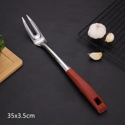 Koka rokturis cepšanas lāpstiņa mēles karote nerūsējošā tērauda BBQ gaļas dakšiņas caurduris Mājas gatavošanas katlu komplekts Virtuves piederumi