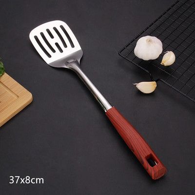 Koka rokturis cepšanas lāpstiņa mēles karote nerūsējošā tērauda BBQ gaļas dakšiņas caurduris Mājas gatavošanas katlu komplekts Virtuves piederumi