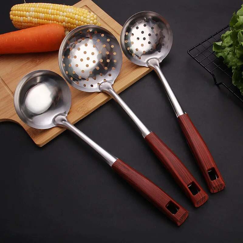 Koka rokturis cepšanas lāpstiņa mēles karote nerūsējošā tērauda BBQ gaļas dakšiņas caurduris Mājas gatavošanas katlu komplekts Virtuves piederumi