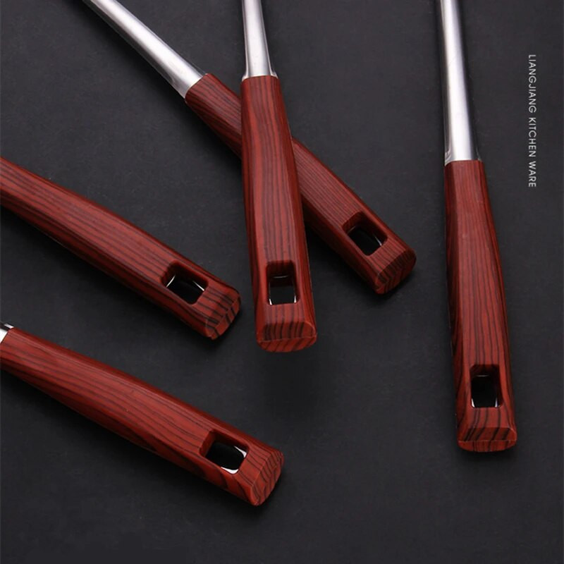 Koka rokturis cepšanas lāpstiņa mēles karote nerūsējošā tērauda BBQ gaļas dakšiņas caurduris Mājas gatavošanas katlu komplekts Virtuves piederumi