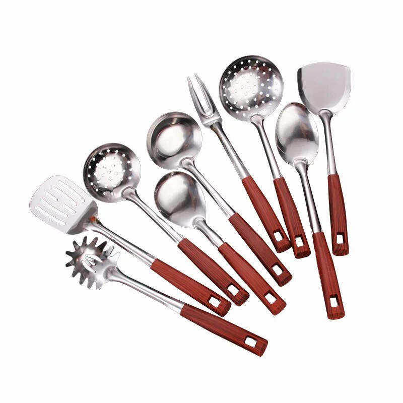 Koka rokturis cepšanas lāpstiņa mēles karote nerūsējošā tērauda BBQ gaļas dakšiņas caurduris Mājas gatavošanas katlu komplekts Virtuves piederumi