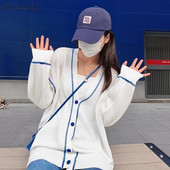 Sieviešu jaciņa, balts, raibs, brīvs plāns, pilnīgs korejiešu adījums ar garām piedurknēm Vasaras jauns sauļošanās līdzeklis Chandails Tunika Virsdrēbes