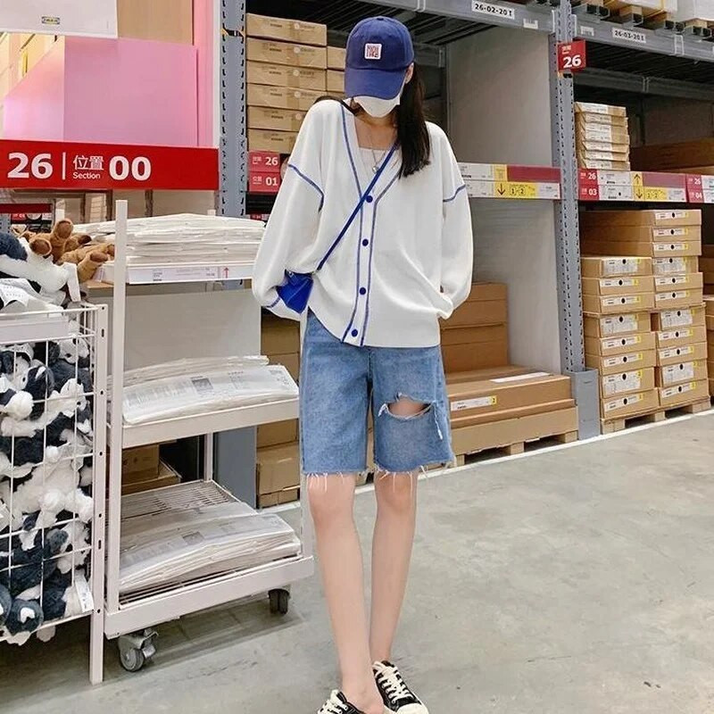 Sieviešu jaciņa, balts, raibs, brīvs plāns, pilnīgs korejiešu adījums ar garām piedurknēm Vasaras jauns sauļošanās līdzeklis Chandails Tunika Virsdrēbes