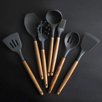 Силиконова кухненска лопатка за готвене Лъжица за супа с дървена дръжка Незалепваща кухненска шпатула Кухненски инструмент за готвене