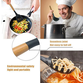 Силиконова кухненска лопатка за готвене Лъжица за супа с дървена дръжка Незалепваща кухненска шпатула Кухненски инструмент за готвене
