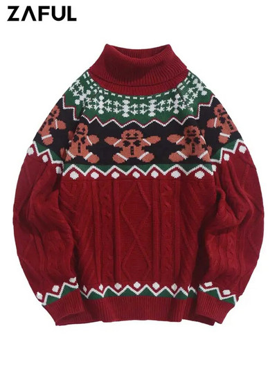 ZAFUL džemperis ar bruņurupuču apkakli Cartoon Bear Colorblock Ziemassvētku chunky Cable ģeometrisks trikotāžas džemperis ar augstu stiepšanos unisex Z5066642