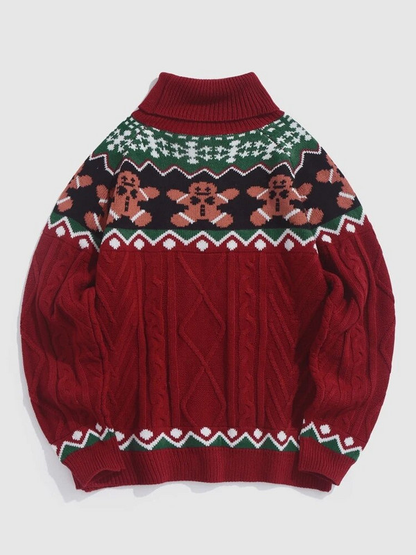 ZAFUL džemperis ar bruņurupuču apkakli Cartoon Bear Colorblock Ziemassvētku chunky Cable ģeometrisks trikotāžas džemperis ar augstu stiepšanos unisex Z5066642