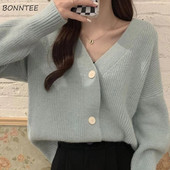 Jakas Sieviešu Rudens Mājas Korejiešu stila trikotāžas topi Masīvi, aizpogājami, saldi, jauni V veida kakla izgriezumi, brīvi pieguļoši džemperi ar garām piedurknēm