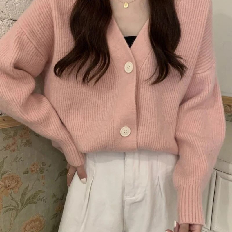 Jakas Sieviešu Rudens Mājas Korejiešu stila trikotāžas topi Masīvi, aizpogājami, saldi, jauni V veida kakla izgriezumi, brīvi pieguļoši džemperi ar garām piedurknēm