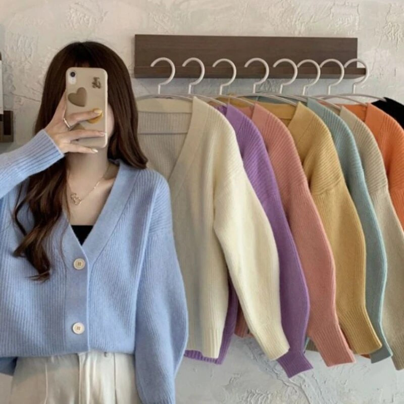 Jakas Sieviešu Rudens Mājas Korejiešu stila trikotāžas topi Masīvi, aizpogājami, saldi, jauni V veida kakla izgriezumi, brīvi pieguļoši džemperi ar garām piedurknēm