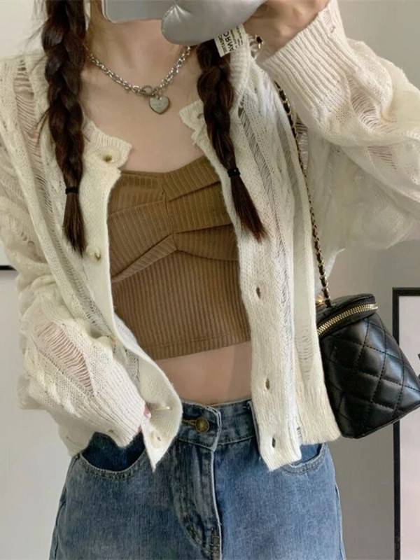 Γυναικείες ζακέτες με κούφια κομμένη κομψή κορεατική ανοιξιάτικη νεανική μόδα Σχέδιο Ulzzang Chic Γλυκά πλεκτά Vintage O-neck Leisure