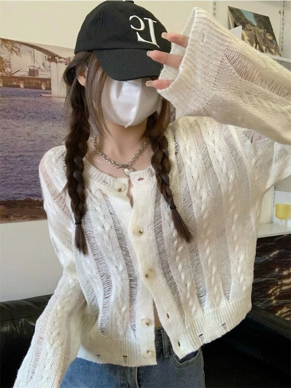 Γυναικείες ζακέτες με κούφια κομμένη κομψή κορεατική ανοιξιάτικη νεανική μόδα Σχέδιο Ulzzang Chic Γλυκά πλεκτά Vintage O-neck Leisure
