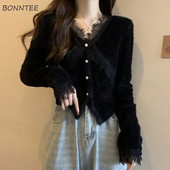 Jauni rudens jakas sievietēm, apgriezti, plāni, vintage franču stila eleganti dāmu mežģīņu trikotāžas izstrādājumi ar V veida kakla izgriezumu, vienkāršs temperaments, šiks Populārs