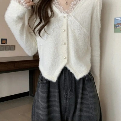 Jauni rudens jakas sievietēm, apgriezti, plāni, vintage franču stila eleganti dāmu mežģīņu trikotāžas izstrādājumi ar V veida kakla izgriezumu, vienkāršs temperaments, šiks Populārs