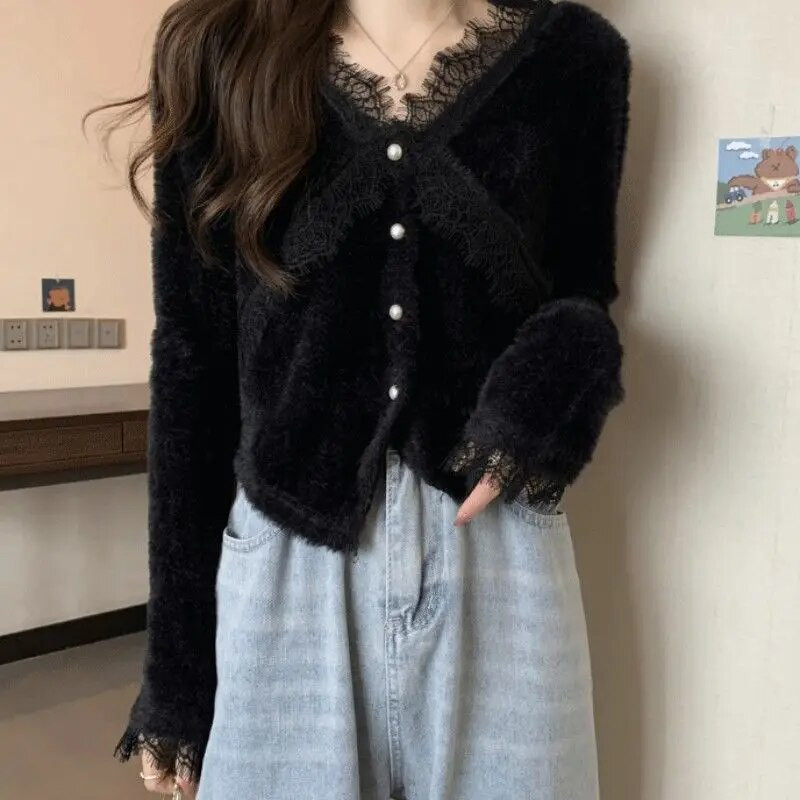 Jauni rudens jakas sievietēm, apgriezti, plāni, vintage franču stila eleganti dāmu mežģīņu trikotāžas izstrādājumi ar V veida kakla izgriezumu, vienkāršs temperaments, šiks Populārs