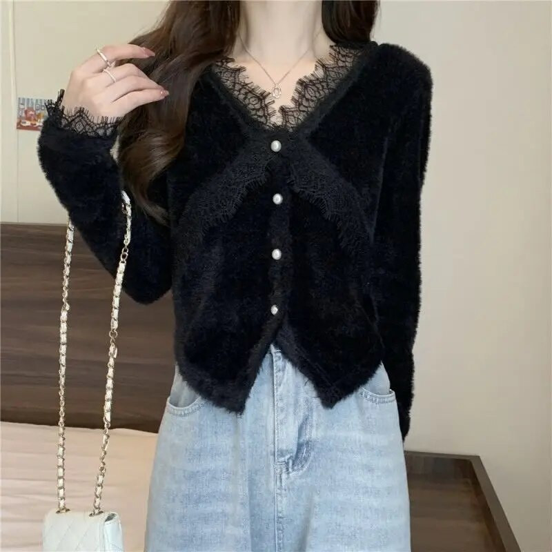 Jauni rudens jakas sievietēm, apgriezti, plāni, vintage franču stila eleganti dāmu mežģīņu trikotāžas izstrādājumi ar V veida kakla izgriezumu, vienkāršs temperaments, šiks Populārs