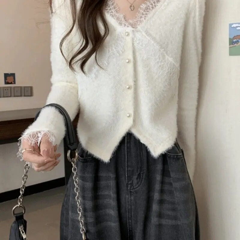 Jauni rudens jakas sievietēm, apgriezti, plāni, vintage franču stila eleganti dāmu mežģīņu trikotāžas izstrādājumi ar V veida kakla izgriezumu, vienkāršs temperaments, šiks Populārs