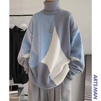 Плетена водолазка Топъл пуловер Мъжка мода Есен Дамски пачуърк Streetwear Ежедневни пуловери Универсален свободен пуловер с дъно