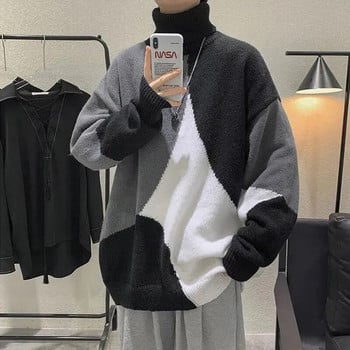 Плетена водолазка Топъл пуловер Мъжка мода Есен Дамски пачуърк Streetwear Ежедневни пуловери Универсален свободен пуловер с дъно