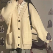 Trikotāžas jaka sieviešu mēteļi ar garām piedurknēm aprikožu vintage studentiem Preppy Chic All-match Populārs korejiešu brīvs, slouchy V veida kakla izgriezums rudenī