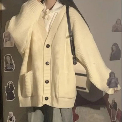 Trikotāžas jaka sieviešu mēteļi ar garām piedurknēm aprikožu vintage studentiem Preppy Chic All-match Populārs korejiešu brīvs, slouchy V veida kakla izgriezums rudenī