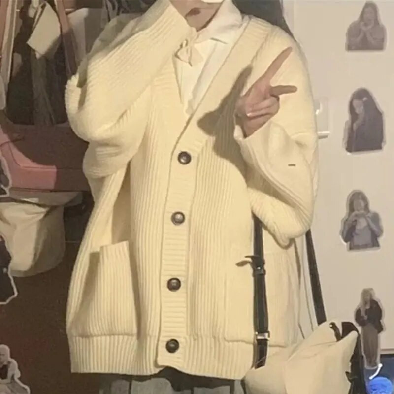 Trikotāžas jaka sieviešu mēteļi ar garām piedurknēm aprikožu vintage studentiem Preppy Chic All-match Populārs korejiešu brīvs, slouchy V veida kakla izgriezums rudenī