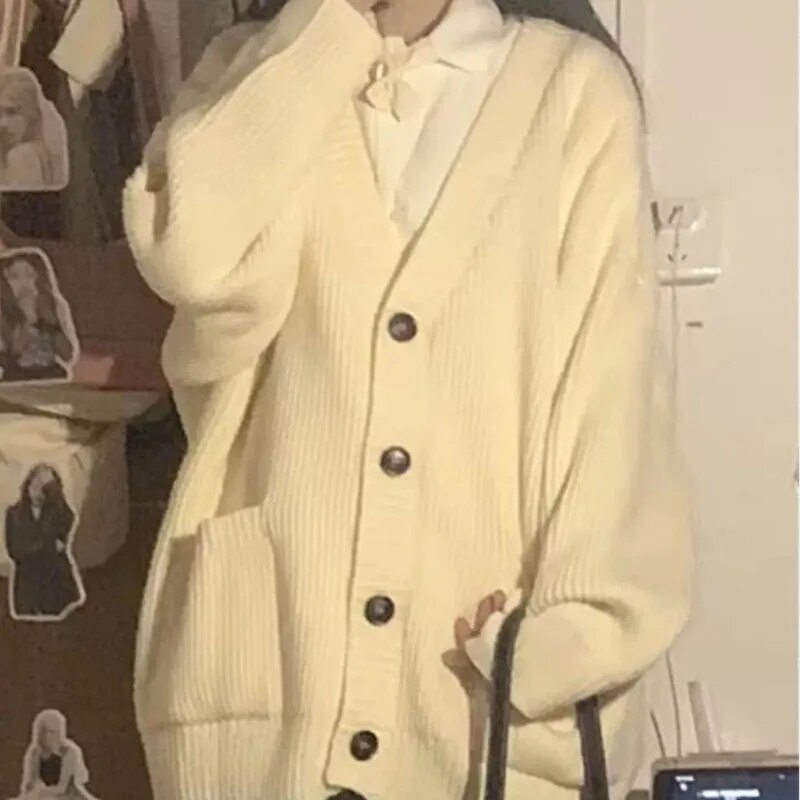 Trikotāžas jaka sieviešu mēteļi ar garām piedurknēm aprikožu vintage studentiem Preppy Chic All-match Populārs korejiešu brīvs, slouchy V veida kakla izgriezums rudenī