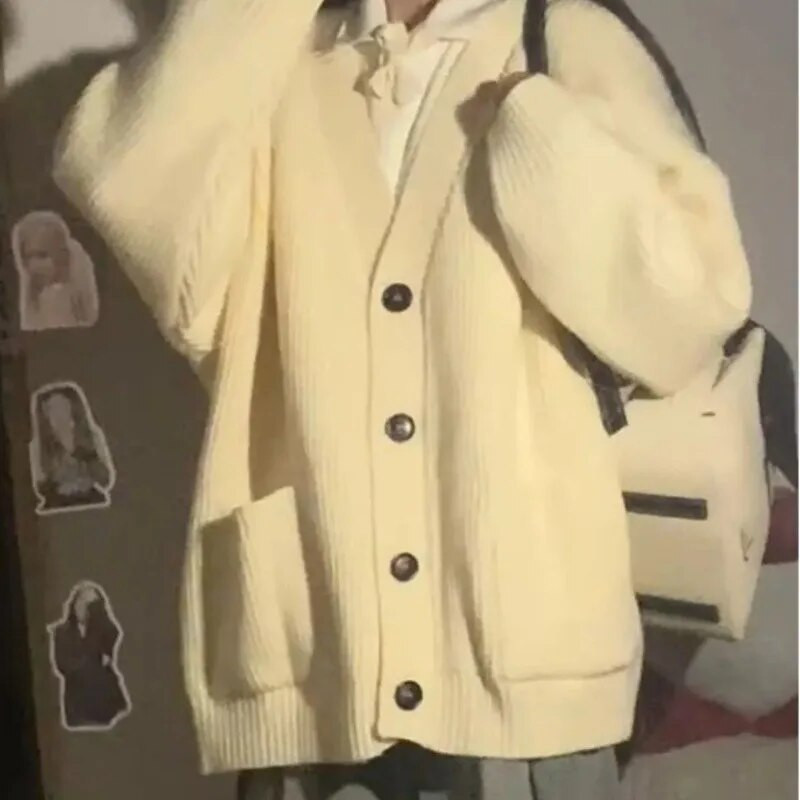 Trikotāžas jaka sieviešu mēteļi ar garām piedurknēm aprikožu vintage studentiem Preppy Chic All-match Populārs korejiešu brīvs, slouchy V veida kakla izgriezums rudenī