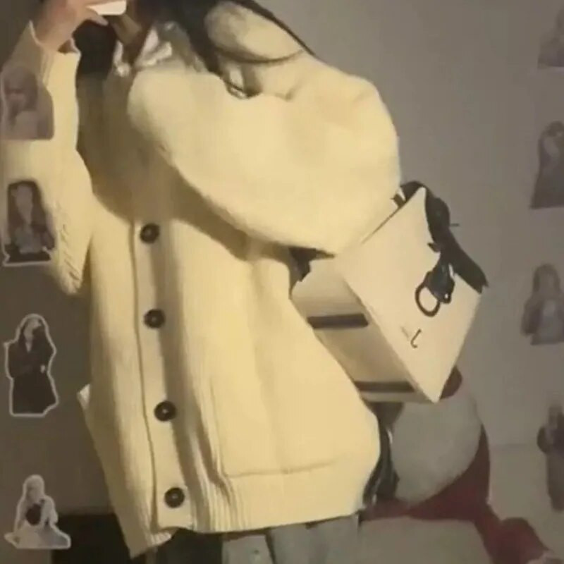 Trikotāžas jaka sieviešu mēteļi ar garām piedurknēm aprikožu vintage studentiem Preppy Chic All-match Populārs korejiešu brīvs, slouchy V veida kakla izgriezums rudenī