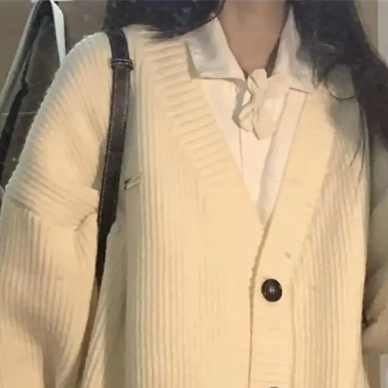 Trikotāžas jaka sieviešu mēteļi ar garām piedurknēm aprikožu vintage studentiem Preppy Chic All-match Populārs korejiešu brīvs, slouchy V veida kakla izgriezums rudenī