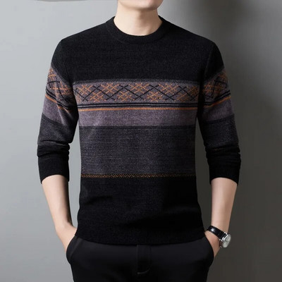 Rudens un ziemas vīriešu džemperis ar apaļu kakla svītru, ģeometrisks kontrasts, biezs džemperis, trikotāžas apakšveļa, modes formāli ikdienas topi