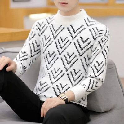 2023. gada jauns vīriešu apģērbs, trikotāžas, bieza kakla izgriezuma ar garām piedurknēm rudens ziemas modes ikdienišķa stila svītraini džemperi, džemperi