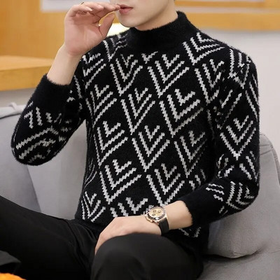2023. gada jauns vīriešu apģērbs, trikotāžas, bieza kakla izgriezuma ar garām piedurknēm rudens ziemas modes ikdienišķa stila svītraini džemperi, džemperi