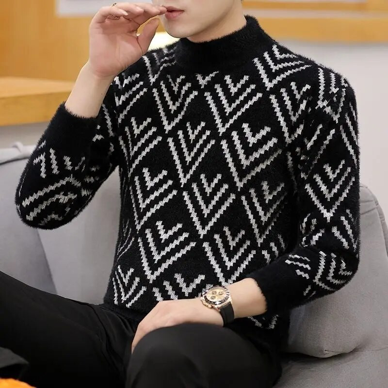 2023. gada jauns vīriešu apģērbs, trikotāžas, bieza kakla izgriezuma ar garām piedurknēm rudens ziemas modes ikdienišķa stila svītraini džemperi, džemperi