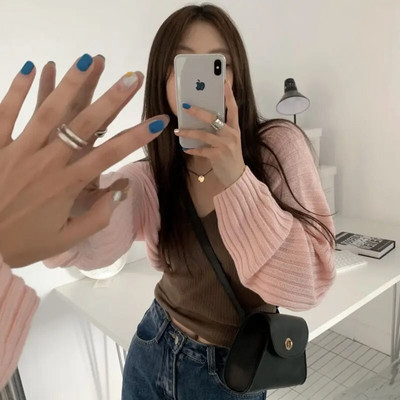 Apgriezti sieviešu jakas ar vaļēju dūrienu korejiešu stila viengabalains, mājīgs trikotāžas vienkāršs biroja dāma, jaunais pavasaris, slaids sikspārņa piedurknes