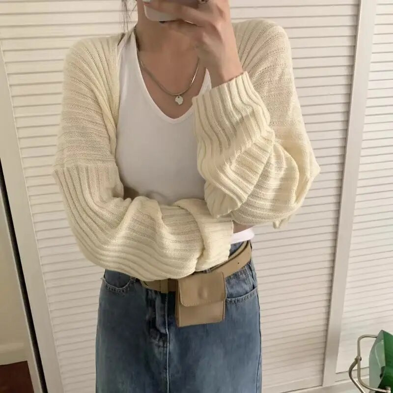 Apgriezti sieviešu jakas ar vaļēju dūrienu korejiešu stila viengabalains, mājīgs trikotāžas vienkāršs biroja dāma, jaunais pavasaris, slaids sikspārņa piedurknes