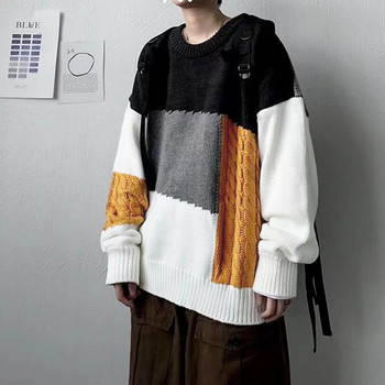 Корейски модни пуловери Мъжки есенни вълнени пуловери с цветни блокове Slim Fit Мъжки улични облекла Мъжки дрехи Плетени пуловери Мъжки пуловери