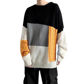 Корейски модни пуловери Мъжки есенни вълнени пуловери с цветни блокове Slim Fit Мъжки улични облекла Мъжки дрехи Плетени пуловери Мъжки пуловери
