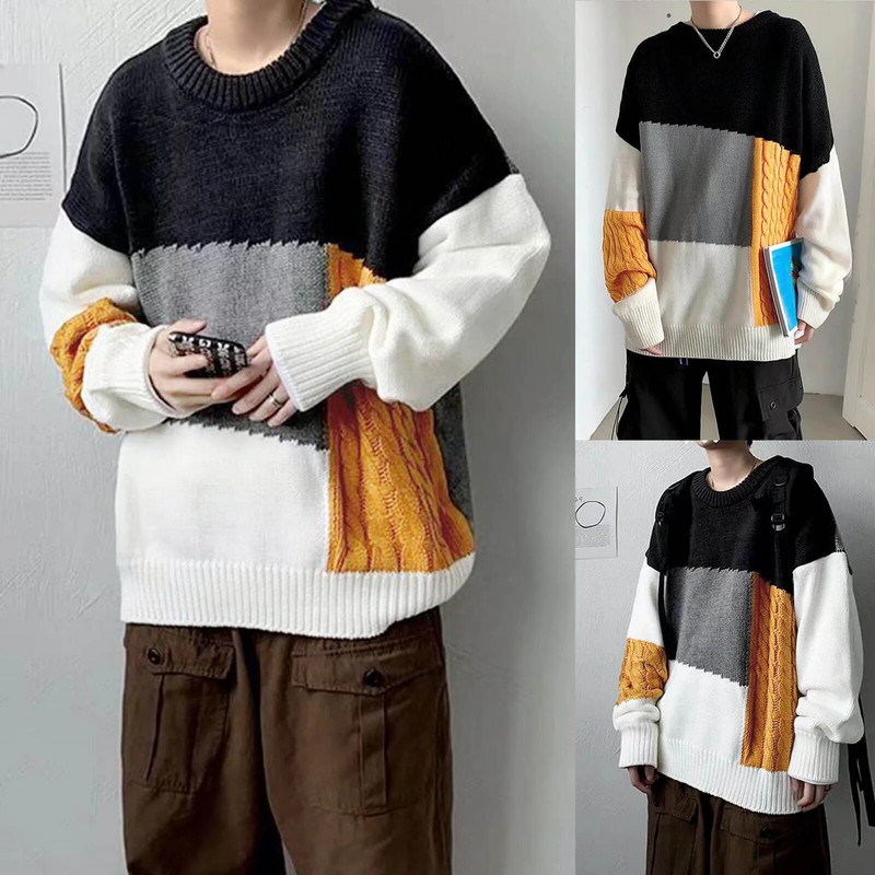 Koreai divatos pulóverek Férfi Őszi színű blokk gyapjú pulóverek Slim Fit Férfi utcai ruházat Férfi ruhák Kötött pulóver Férfi pulóverek